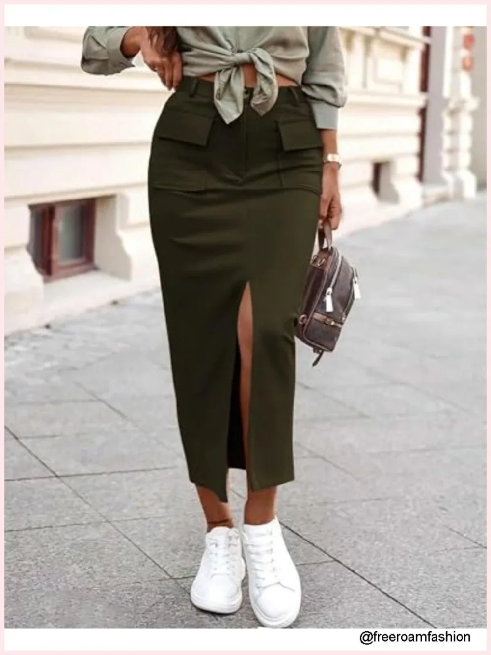 High Waisted Cargo Midi Pencil Skirt with Pockets and Slit
